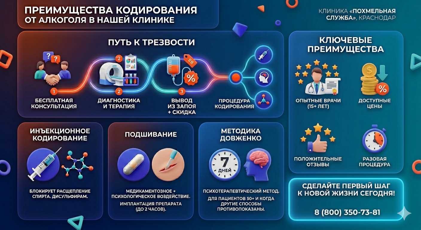 Инфографика о методах кодирования от алкоголя в Углеуральском: инъекции, подшивание, метод Довженко. Преимущества клиники и этапы лечения.